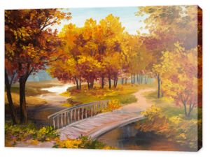 Obraz olejny - jesienny las z rzeką i mostem nad rzeką