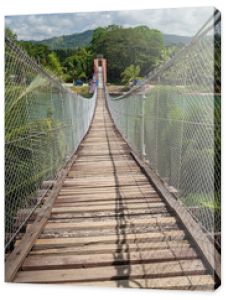 Most wiszący dla pieszych nad rzeką w tropikalnym lesie, Bohol, Filipiny. Listopad 2018