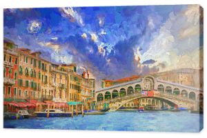 Wspaniały popołudniowy krajobraz Canale Grande i mostu Rialto podczas pięknego letniego nieba, turyści z całego świata odwiedzający słynną architekturę i zabytki w Wenecji, Włochy.- obraz olejny