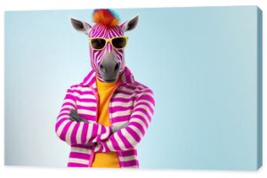 A humanized zebra in a windbreaker and goggles. Anthropomorphic stylish and elegant mammal. Portrait man with an animal face. Human characters through animals. Creative idea with a psychedelic twist.