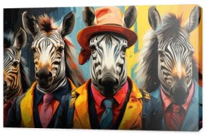 A group of zebras wearing suits and hats. Imaginary AI picture.