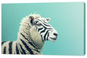 Sheep with zebra stripes on pastel blue background. Ai generative art
