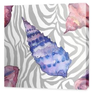 Niebieskie i fioletowe morskie tropikalne muszle na tle zebry. Akwarela zestaw ilustracji tła. Płynny wzór tła.