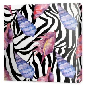 Niebieskie i fioletowe morskie tropikalne muszle na tle druku Zebra. Akwarela zestaw ilustracji tła. Płynny wzór tła.