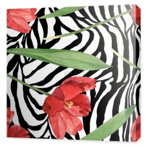 Czerwone tulipany z zielonymi liśćmi na tle zebry. Zestaw ilustracji akwarela. Płynny wzór tła.