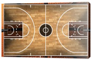 Realistyczna ilustracja 3D boiska do koszykówki z drewnianą podłogą (parkiet) oraz pomarańczową i czarną piłką