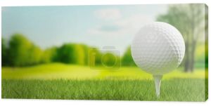 Biała piłka golfowa na białym polu golfowym tee zbliżyć z toru golfowego z drzewa tła, sportów golfowych lub koncepcji działalności, Ilustracja 3D