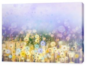 Streszczenie obraz olejny kwiaty roślin. Kwiat mniszka na polach. Łąka krajobraz z wildflower. Fioletowy, niebieski kolor nieba z bokeh