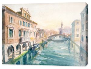 Kanał na starym mieście Chioggia - Włochy.Obraz stworzony akwarelami