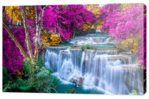 Niesamowity w naturze, piękny wodospad w kolorowym jesiennym lesie w sezonie jesiennym