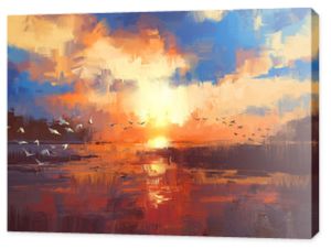 piękny obraz przedstawiający zachód słońca nad jeziorem, ilustracja