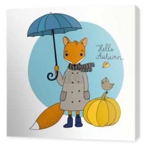 Kreskówka fox pod parasolem i mały ptaszek na dyni.