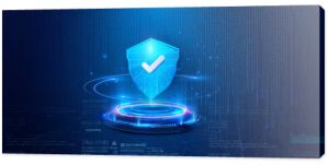 Futuristic Cybersecurity Shield Concept on Digital Background. Digital cybersecurity concept with a protective shield hologram over a circuit interface, symbolizing data protection. Secure service.