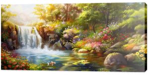 Landscape with waterfall and fish, spring flowers, green grass. Painting of summer. Panorama