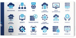 Web hosting icon set. Containing cloud computing, server, domain, firewall, internet, FTP, database, SSL, data hosting and more. Solid vector icons collection.