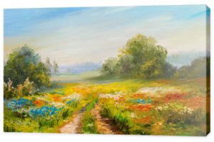 obraz olejny pejzaż, kolorowe pole kwiatów, abstrakcyjny impresjonizm