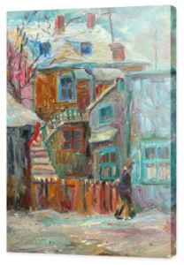 Piękne jasne kolory zima Oryginalny obraz olejny ofman chodzący po ulicy na płótnie