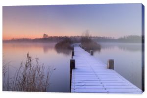 Promenada nad jeziorem o świcie w zimie, Holandia