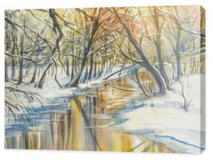Akwarela malarstwo wintera krajobraz: rzeka w lasach podczas zachodu słońca.