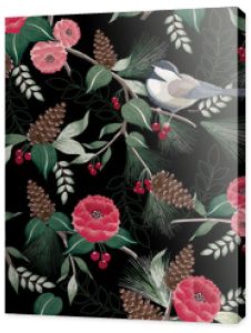 Ilustracja wektorowa bezszwowe kwiatowy wzór w zimie na szczęśliwego nowego roku i kartki Wesołych Świąt. Piękna, ręcznie rysowana ilustracja z uroczymi ptakami na gałęziach.