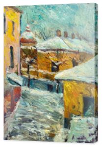 Piękne jasne kolory zima Oryginalny obraz olejny ulicy na płótnie