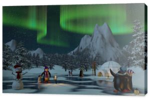 Pingwiny pod zorzą polarną w zimowym krajobrazie, renderowanie 3d