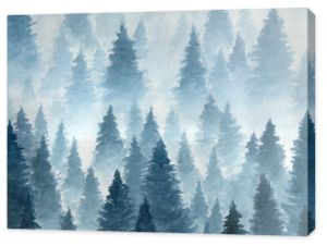Ręcznie rysowane akwarela ilustracja. Krajobraz pochmurnego, mistycznego, iglastego lasu na górzystym terenie. Chmura, mgła, drzewa, zimno, zima