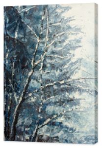 zimowy krajobraz. Oryginalny obraz olejny na płótnie. Motyw zimowy. Las zimowy: na drzewach jest dużo białego śniegu.