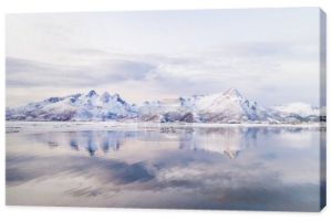 Zapierający dech w piersiach widok na góry skaliste szczyty pokryte białym śniegiem odbitym w norweskiej wodzie morskiej. Zapierające dech w piersiach panoramiczne fiordy krajobraz Lofoten zimą, spokojne piękno przyrody 