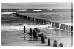 Piękna piaszczysta plaża z drewnianym falochronem, Morze Bałtyckie, Niechorze, Polska
