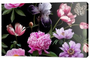 Kwiatowy wzór. Piękne kwiaty ogrodowe i motyle. Kwitnące piwonie, irysy i tulipany na czarnym tle. Vintage ilustracji. Tło do tworzenia papieru, tapety, letnich tekstyliów.