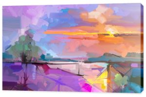 Abstrakcyjny obraz olejny pejzaż tła. Grafika nowoczesny obraz olejny na zewnątrz krajobrazu. Semi-abstrakt drzewa, wzgórza ze światłem słonecznym (zachód słońca), kolorowe żółto - fioletowe niebo. Piękno przyrody w tle
