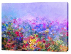 Streszczenie kolorowy obraz olejny fioletowy kosmos kwiat, stokrotka, wildflower w polu. Żółte i czerwone polne kwiaty na łące z błękitnym niebem. Wiosna, lato sezon natura tło.