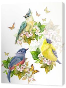 ładna kolekcja ptaków na kwiat jabłoni i motyle. Malarstwo akwarelowe