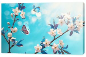 Piękny oddział kwitnących wiśni i niebieski motyl na wiosnę w Sunrise rano na niebieskim tle, makro. Niesamowity elegancki obraz artystyczny natury na wiosnę, kwiat sakura i motyl.