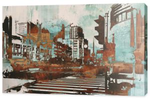 miejski pejzaż miejski z abstrakcyjnym grunge, malarstwo ilustracyjne