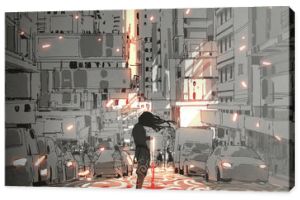mężczyzna z długimi włosami stojący w mieście z graficznym wzorem na ulicy, cyfrowy styl artystyczny, malarstwo ilustracyjne
