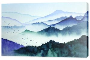 Krajobraz z górami, ptakami i mgłą w kolorze monochromatycznym namalowanym akwarelą w wektorze