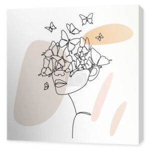 Rysowanie linii. Abstrakcyjna twarz z kwiatami i motylem przez jedną linię rysunek. Nowoczesna linia sztuki. Kobiety grają w sztuce. Logo salonu piękności. Kolorowanka. Odcisk botaniczny. Naturalny symbol kosmetyków.