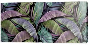 Tropikalny egzotyczny bezszwowy wzór z liśćmi banana vintage, palmami i koloką. Ręcznie rysowana ilustracja 3D. Nadaje się do produkcji tapet, papieru upominkowego, tkanin, nadruku tkanin, towarów.