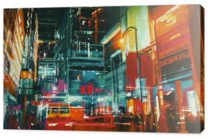 ulica miejska w nocy z kolorowymi światłami, malowanie cyfrowe