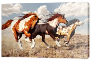 Trzy mustangi ścigają się po trawiastych równinach amerykańskiego Zachodu. Te trzy dzikie konie z farbą wzbijają kurz, galopując swobodnie po prerii z wiatrem w grzywach. Renderowanie 3D