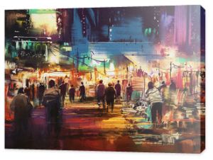 malowanie miasta ulicy handlowej z kolorowym życiem nocnym