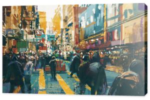 ludzie chodzą kolorową ulicą miasta, malarstwo ilustracyjne