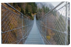 Konstrukcja stalowa prostego mostu wiszącego w górach, wiszącego lub wiszącego poręczy mostu zbliżenie - Image