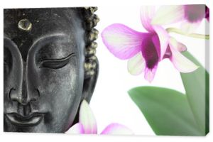 Budda na białym tle i kwiat orchidei