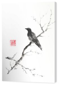 Samotny ptak Japoński styl oryginalny obraz tuszem sumi-e.