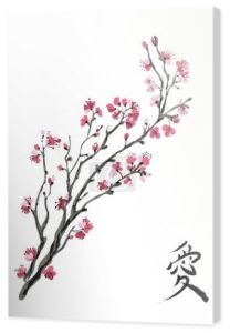 Realistyczne sakura blossom - Japońska wiśnia na białym tle. Hieroglif "miłość"