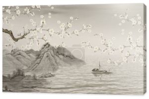 Tapeta Chinoiserie. Drzewo nad jeziorem. Mglisty krajobraz. Drzewo z ptakami w japońskim ogrodzie. Mural, tapeta do druku wnętrz.