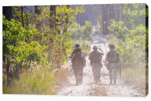 Grupa uzbrojonych żołnierzy na drodze w lesie